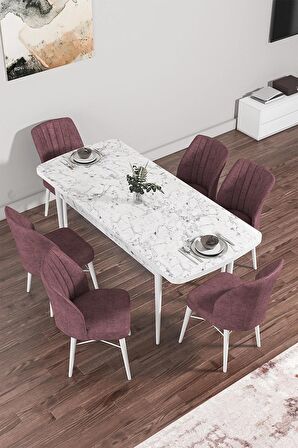Rovena Novana Beyaz Mermer 80x132 Açılabilir Suntalam Mutfak Masası Takımı 6 Adet Sandalye