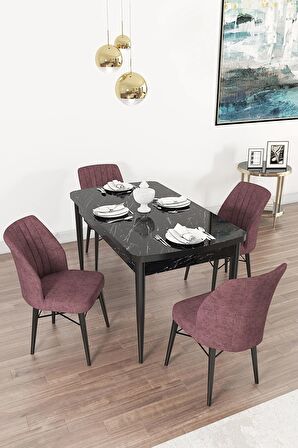Rovena Novana Siyah Mermer 80x132 Açılabilir Suntalam Mutfak Masası Takımı 4 Adet Sandalye