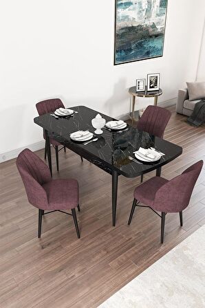 Rovena Novana Siyah Mermer 80x132 Açılabilir Suntalam Mutfak Masası Takımı 4 Adet Sandalye
