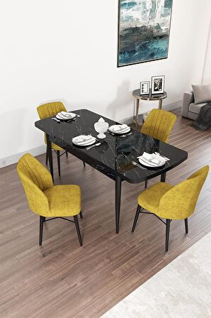 Rovena Novana Siyah Mermer 80x132 Açılabilir Suntalam Mutfak Masası Takımı 4 Adet Sandalye