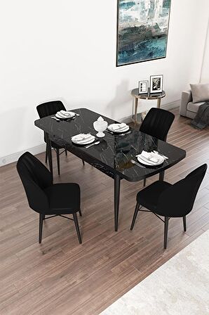 Rovena Novana Siyah Mermer 80x132 Açılabilir Suntalam Mutfak Masası Takımı 4 Adet Sandalye
