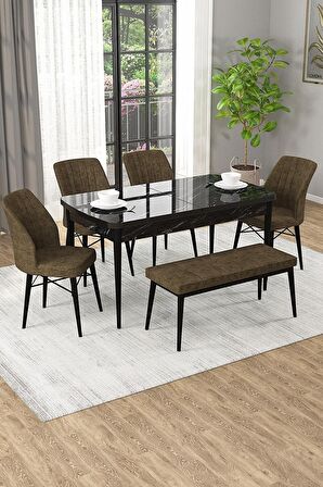 Rovena Novana Siyah Mermer 80x132 Açılabilir Suntalam Mutfak Masası Takımı 4 Adet Sandalye + 1 Bench
