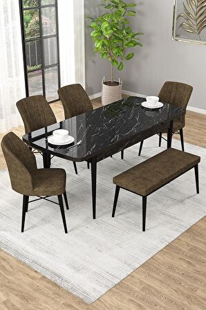 Rovena Novana Siyah Mermer 80x132 Açılabilir Suntalam Mutfak Masası Takımı 4 Adet Sandalye + 1 Bench
