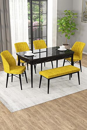 Rovena Novana Siyah Mermer 80x132 Açılabilir Suntalam Mutfak Masası Takımı 4 Adet Sandalye + 1 Bench