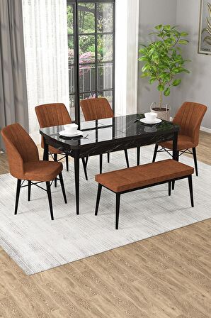 Rovena Novana Siyah Mermer 80x132 Açılabilir Suntalam Mutfak Masası Takımı 4 Adet Sandalye + 1 Bench