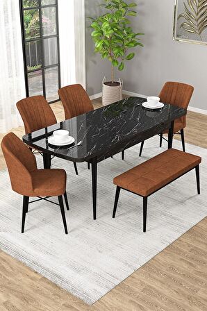Rovena Novana Siyah Mermer 80x132 Açılabilir Suntalam Mutfak Masası Takımı 4 Adet Sandalye + 1 Bench
