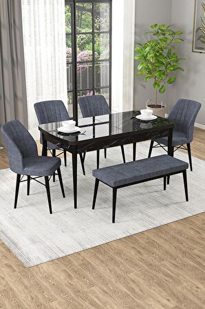 Rovena Novana Siyah Mermer 80x132 Açılabilir Suntalam Mutfak Masası Takımı 4 Adet Sandalye + 1 Bench