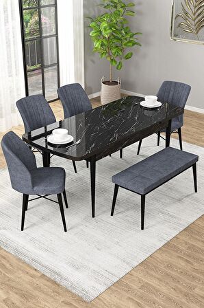 Rovena Novana Siyah Mermer 80x132 Açılabilir Suntalam Mutfak Masası Takımı 4 Adet Sandalye + 1 Bench