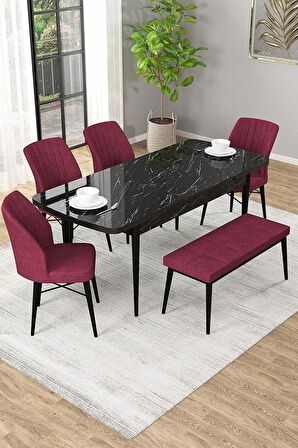Rovena Novana Siyah Mermer 80x132 Açılabilir Suntalam Mutfak Masası Takımı 4 Adet Sandalye + 1 Bench