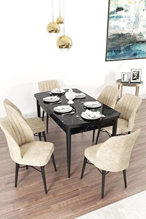 Rovena Novana Siyah Mermer 80x132 Açılabilir Suntalam Mutfak Masası Takımı 6 Adet Sandalye
