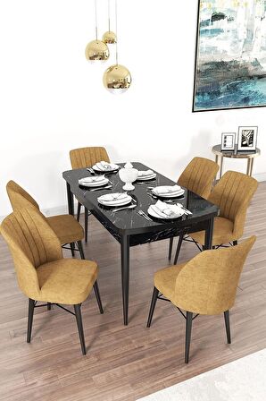 Rovena Novana Siyah Mermer 80x132 Açılabilir Suntalam Mutfak Masası Takımı 6 Adet Sandalye