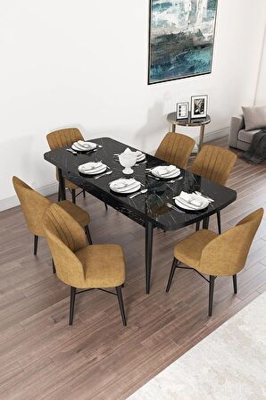 Rovena Novana Siyah Mermer 80x132 Açılabilir Suntalam Mutfak Masası Takımı 6 Adet Sandalye