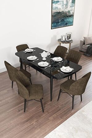Rovena Novana Siyah Mermer 80x132 Açılabilir Suntalam Mutfak Masası Takımı 6 Adet Sandalye