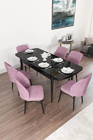 Rovena Novana Siyah Mermer 80x132 Açılabilir Suntalam Mutfak Masası Takımı 6 Adet Sandalye