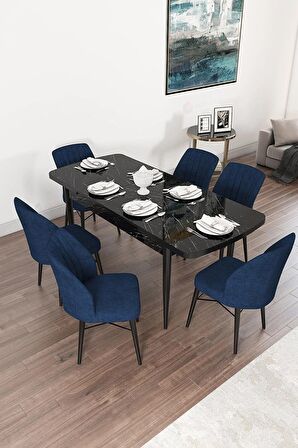 Rovena Novana Siyah Mermer 80x132 Açılabilir Suntalam Mutfak Masası Takımı 6 Adet Sandalye