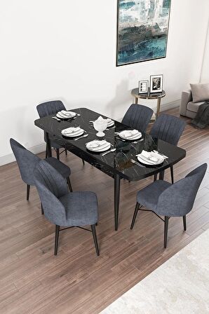 Rovena Novana Siyah Mermer 80x132 Açılabilir Suntalam Mutfak Masası Takımı 6 Adet Sandalye