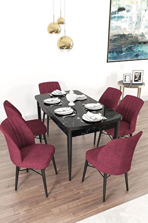 Rovena Novana Siyah Mermer 80x132 Açılabilir Suntalam Mutfak Masası Takımı 6 Adet Sandalye