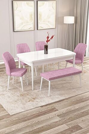 Rovena Zayn Beyaz 80x132 Açılabilir Suntalam Mutfak Masası Takımı 4 Adet Sandalye + 1 Bench