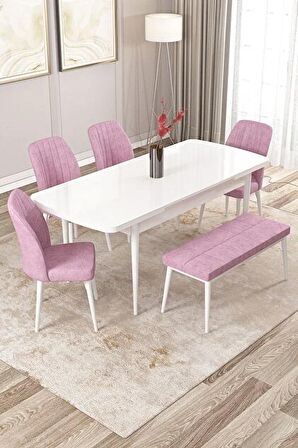Rovena Zayn Beyaz 80x132 Açılabilir Suntalam Mutfak Masası Takımı 4 Adet Sandalye + 1 Bench