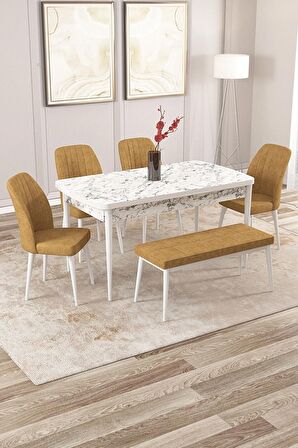 Rovena Zayn Beyaz Mermer 80x132 Açılabilir Suntalam Mutfak Masası Takımı 4 Adet Sandalye + 1 Bench