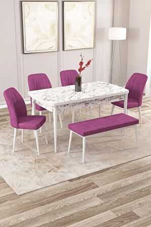 Rovena Zayn Beyaz Mermer 80x132 Açılabilir Suntalam Mutfak Masası Takımı 4 Adet Sandalye + 1 Bench