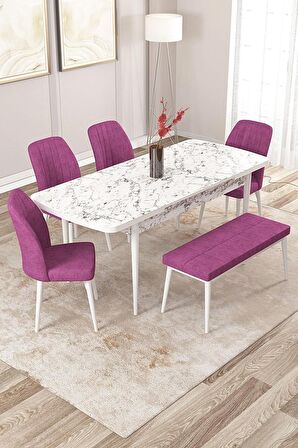 Rovena Zayn Beyaz Mermer 80x132 Açılabilir Suntalam Mutfak Masası Takımı 4 Adet Sandalye + 1 Bench