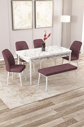 Rovena Zayn Beyaz Mermer 80x132 Açılabilir Suntalam Mutfak Masası Takımı 4 Adet Sandalye + 1 Bench