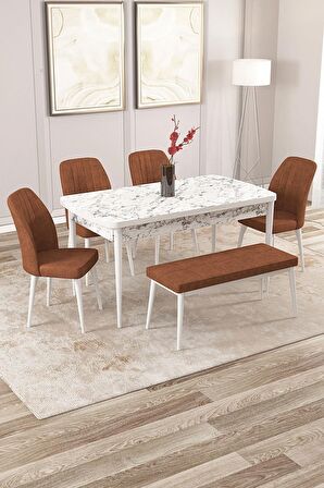 Rovena Zayn Beyaz Mermer 80x132 Açılabilir Suntalam Mutfak Masası Takımı 4 Adet Sandalye + 1 Bench
