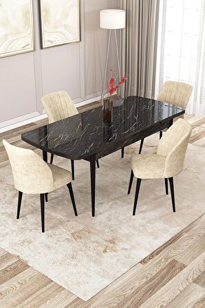 Rovena Zayn Siyah Mermer 80x132 Açılabilir Suntalam Mutfak Masası Takımı 4 Adet Sandalye