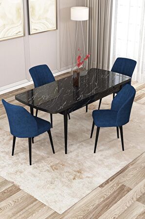 Rovena Zayn Siyah Mermer 80x132 Açılabilir Suntalam Mutfak Masası Takımı 4 Adet Sandalye