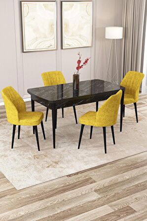 Rovena Zayn Siyah Mermer 80x132 Açılabilir Suntalam Mutfak Masası Takımı 4 Adet Sandalye