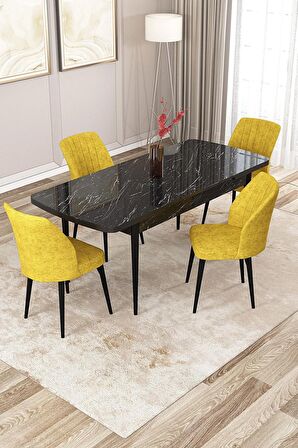 Rovena Zayn Siyah Mermer 80x132 Açılabilir Suntalam Mutfak Masası Takımı 4 Adet Sandalye