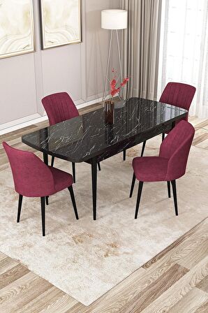 Rovena Zayn Siyah Mermer 80x132 Açılabilir Suntalam Mutfak Masası Takımı 4 Adet Sandalye