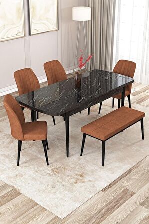 Rovena Zayn Siyah Mermer 80x132 Açılabilir Suntalam Mutfak Masası Takımı 4 Adet Sandalye + 1 Bench