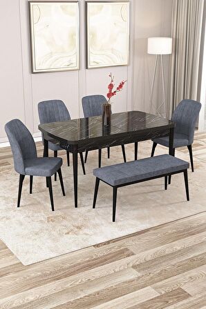 Rovena Zayn Siyah Mermer 80x132 Açılabilir Suntalam Mutfak Masası Takımı 4 Adet Sandalye + 1 Bench