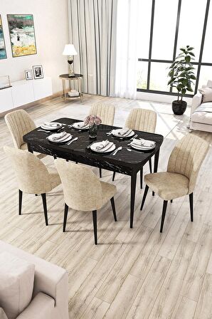Rovena Zayn Siyah Mermer 80x132 Açılabilir Suntalam Mutfak Masası Takımı 6 Adet Sandalye