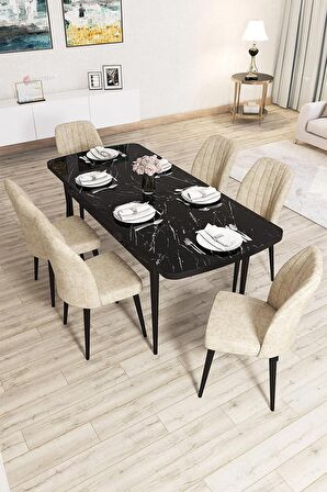 Rovena Zayn Siyah Mermer 80x132 Açılabilir Suntalam Mutfak Masası Takımı 6 Adet Sandalye