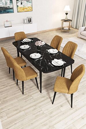 Rovena Zayn Siyah Mermer 80x132 Açılabilir Suntalam Mutfak Masası Takımı 6 Adet Sandalye