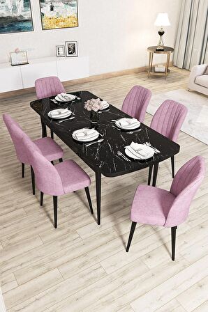 Rovena Zayn Siyah Mermer 80x132 Açılabilir Suntalam Mutfak Masası Takımı 6 Adet Sandalye