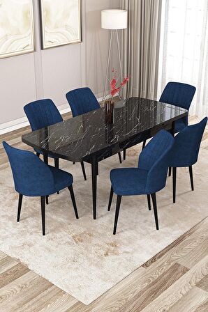 Rovena Zayn Siyah Mermer 80x132 Açılabilir Suntalam Mutfak Masası Takımı 6 Adet Sandalye