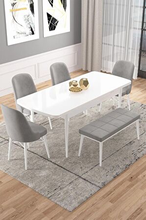 Rovena Vals Beyaz 80x132 Açılabilir Mdf Mutfak Masası Takımı 4 Adet Sandalye+1 Bench