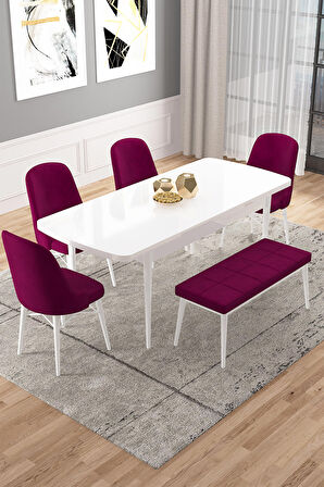 Rovena Vals Beyaz 80x132 Açılabilir Mdf Mutfak Masası Takımı 4 Adet Sandalye+1 Bench