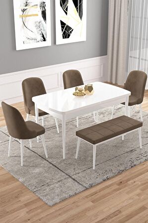 Rovena Vals Beyaz 80x132 Açılabilir Mdf Mutfak Masası Takımı 4 Adet Sandalye+1 Bench