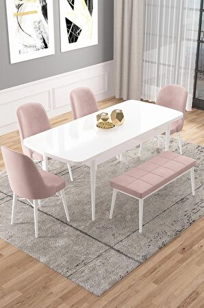 Rovena Vals Beyaz 80x132 Açılabilir Mdf Mutfak Masası Takımı 4 Adet Sandalye+1 Bench