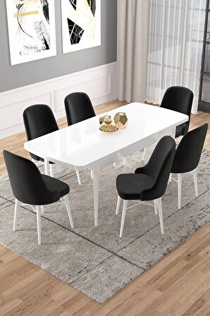 Rovena Vals Beyaz 80x132 Açılabilir Mdf Mutfak Masası Takımı 6 Adet Sandalye