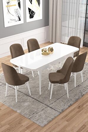 Rovena Vals Beyaz 80x132 Açılabilir Mdf Mutfak Masası Takımı 6 Adet Sandalye