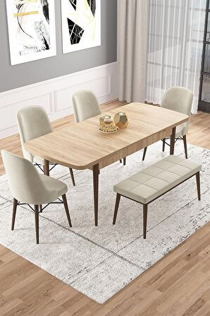 Rovena Vals Meşe 80x132 Açılabilir Mdf Mutfak Masası Takımı 4 Adet Sandalye+1 Bench