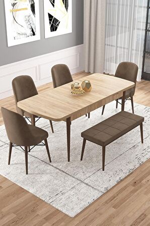 Rovena Vals Meşe 80x132 Açılabilir Mdf Mutfak Masası Takımı 4 Adet Sandalye+1 Bench