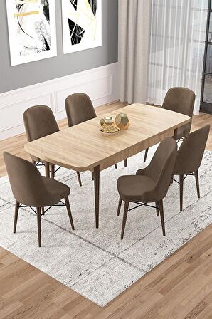 Rovena Vals Meşe 80x132 Açılabilir Mdf Mutfak Masası Takımı 6 Adet Sandalye