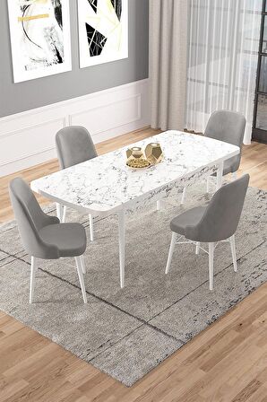 Rovena Vals Beyaz Mermer 80x132 Açılabilir Mdf Mutfak Masası Takımı 4 Adet Sandalye